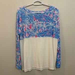 Lilly Pulitzer Finn Long Sleeve Boatylicious Print Zanzibar Blue Shirt Size M